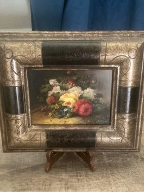 Vintage still life oil painting Flowers Signed Porcelain Frame With Authenticity